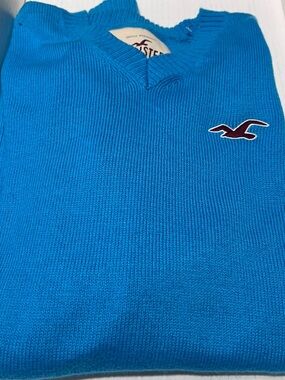Hollister Men's V-Neck Sweater in Turquoise Blue with Logo